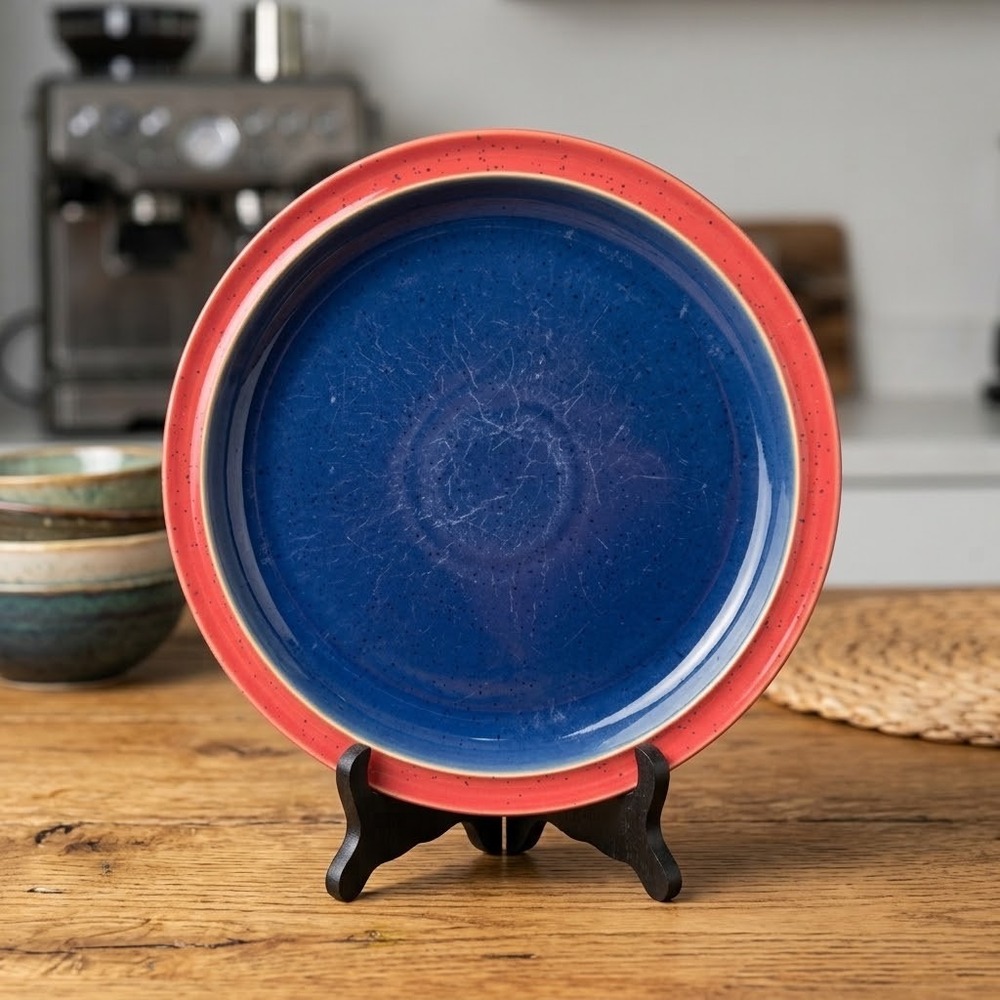 Vtg Denby Harlequin Blue Red Speckled Stoneware Dinner Plate Handcrafted England
